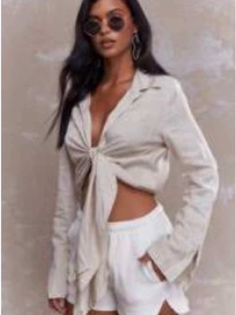 Missguided Light Beige Tie-Front Button Shirt - Small